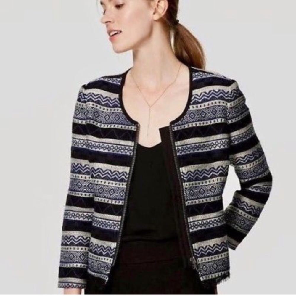 LOFT siesta woven jacket blue black fringe stripe